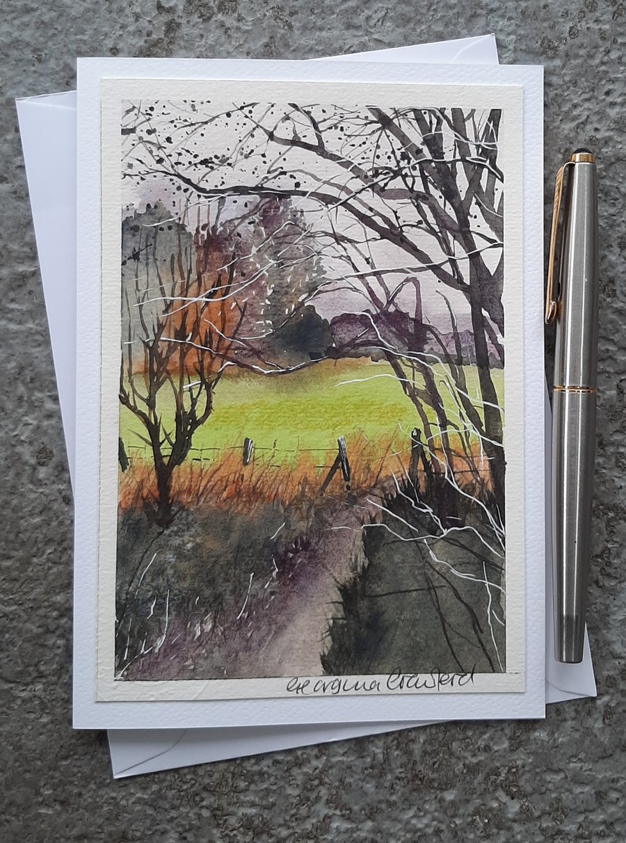 Green Fields. Handpainted Watercolour Blank Card.  Keepsake 