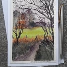 Green Fields. Handpainted Watercolour Blank Card.  Keepsake 