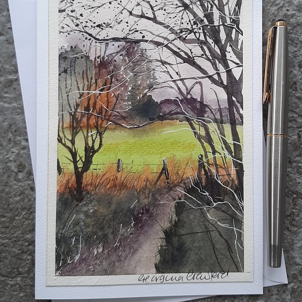 Green Fields. Handpainted Watercolour Blank Card.  Keepsake 