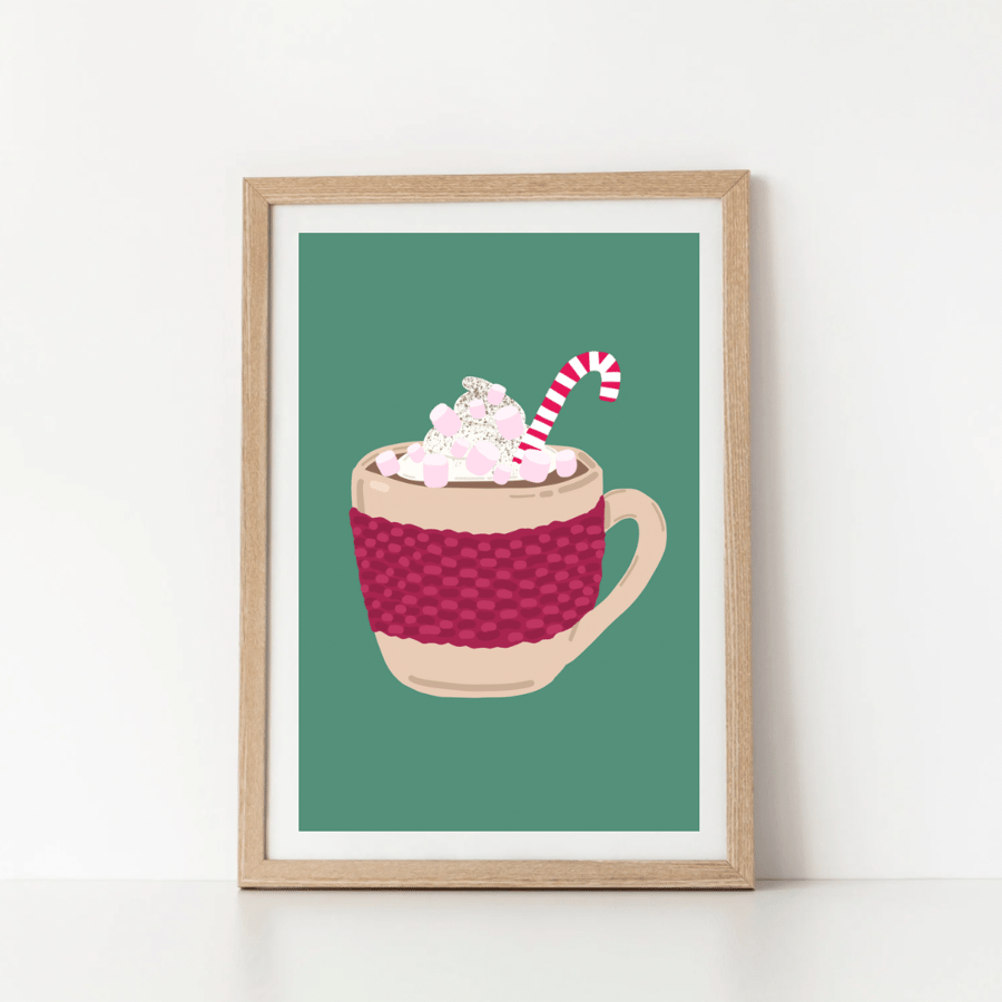 Hot Chocolate Wall Art Print – Cosy Festive Green Design