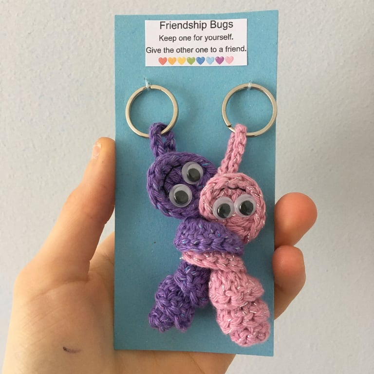 Purple And Pink Crochet Friendship Bug Keyring, Best Friend Gift