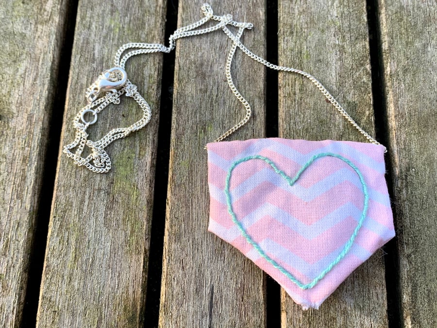 Pink and white fabric with mint embroidered heart necklace