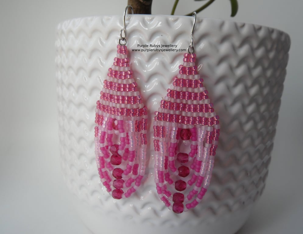 Pink Tones Beaded Teardrop Earrings Boho Earrings E559