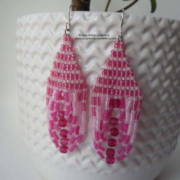 Pink Tones Beaded Teardrop Earrings Boho Earrings E559