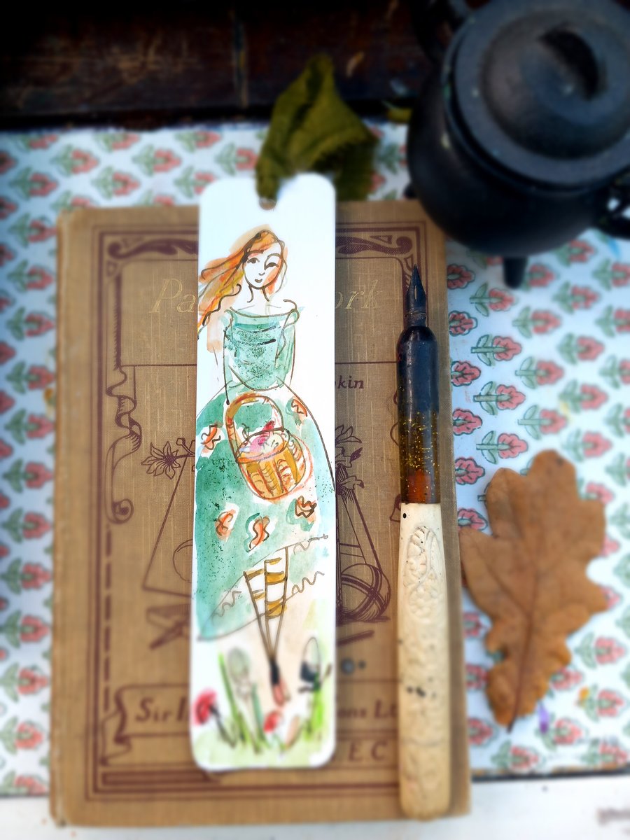  ' hedge witch ' Hand drawn and painted bookmark with silk ribbon '