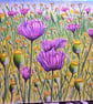 Original Beautiful Pink Poppy Field Drawing Art
