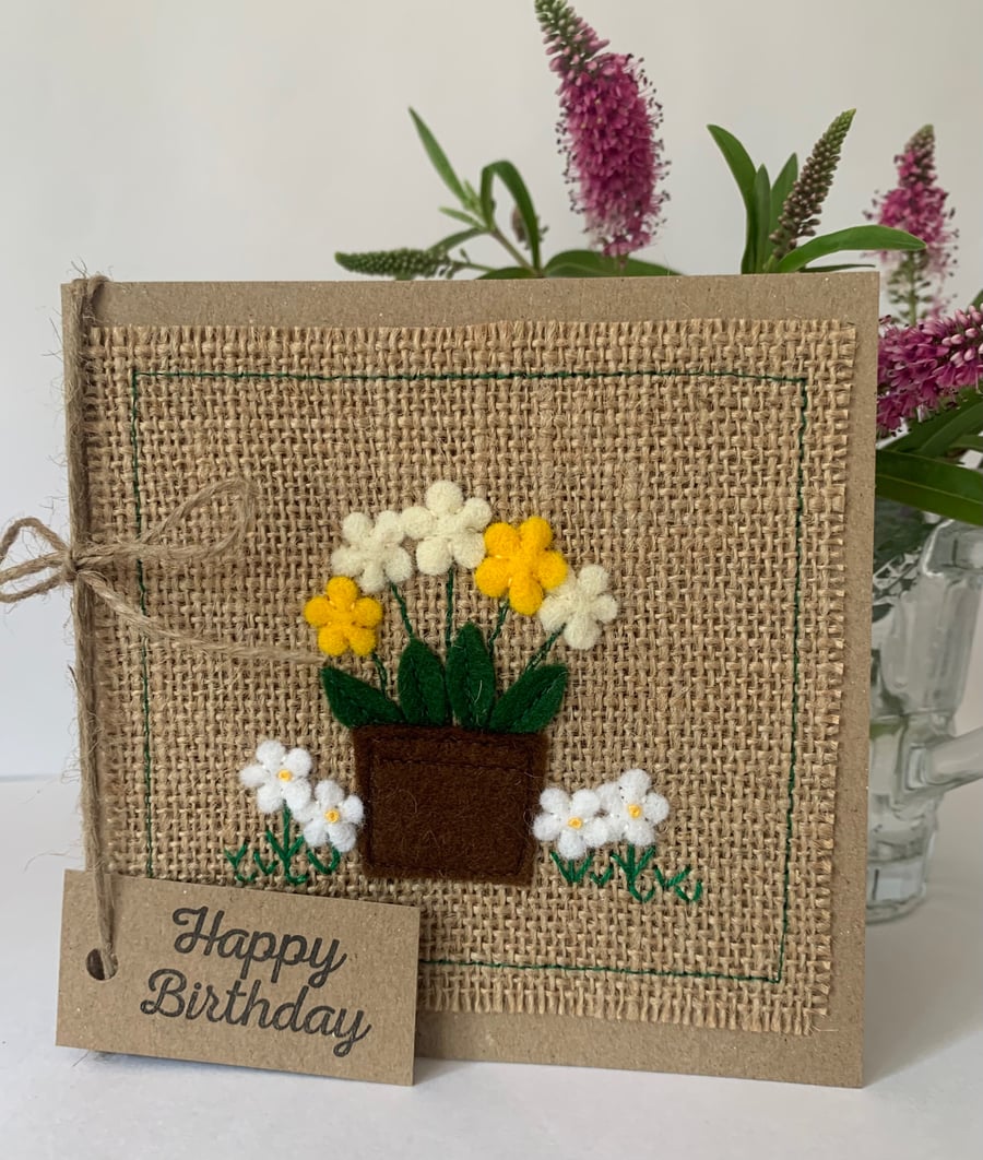 Handmade Birthday card. Yellow potted flowers from wool felt. Keepsake card.