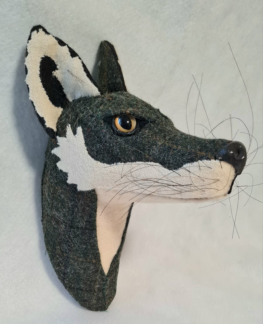 Faux fox wall mount in  dark green tartan fabric- Finbar