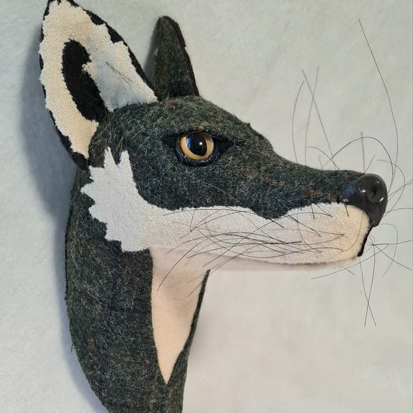 Faux fox wall mount in  dark green tartan fabric- Finbar