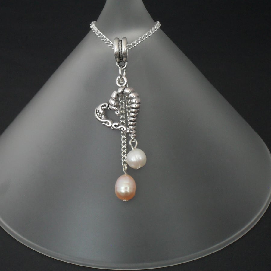 Peach & white pearl heart charm necklace