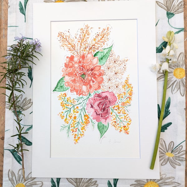 Hand-painted original Dried Flower bouquet watercolour painting
