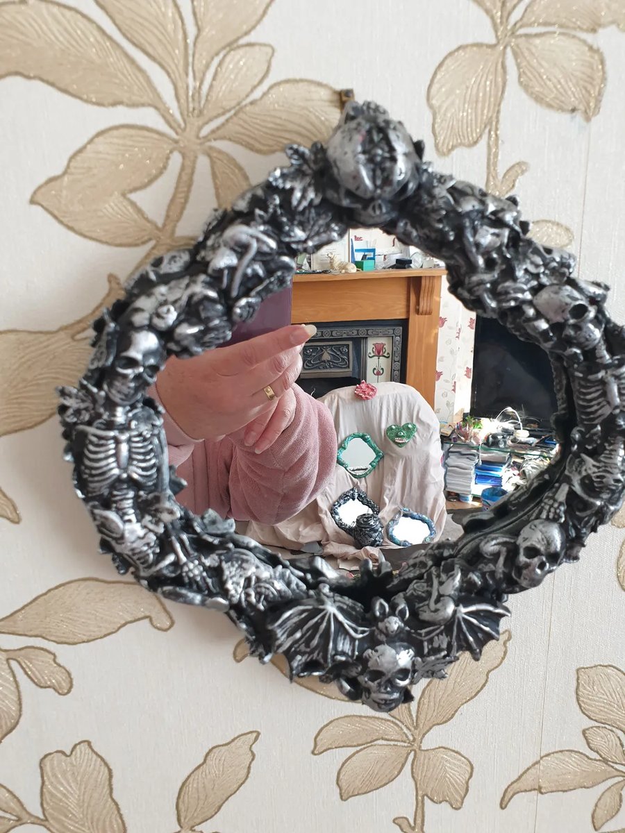 gothic mirror  Vintage inspired wall plaque skull bat Toadstool Mushroom 