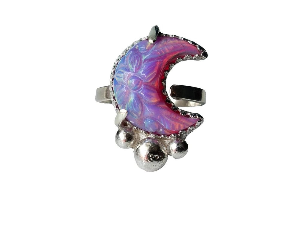 Ring Silver Aurora Opal Moon Adjustable Floral Sustainable Jewellery Gift
