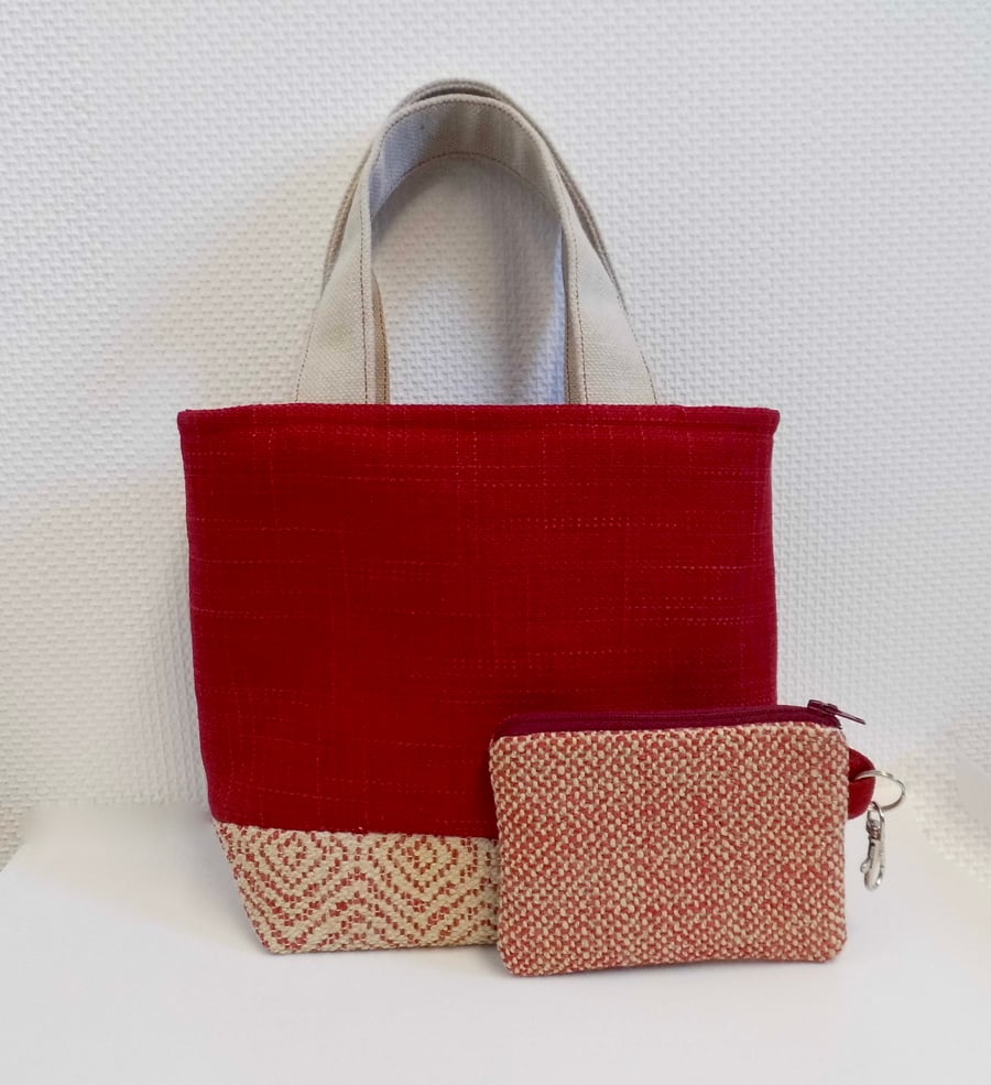 SOLD Handbag mini tote bag and purse in red and beige 