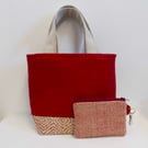 Handbag mini tote bag and purse in red and beige 