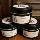 Aventos scented soy candle in a black tin