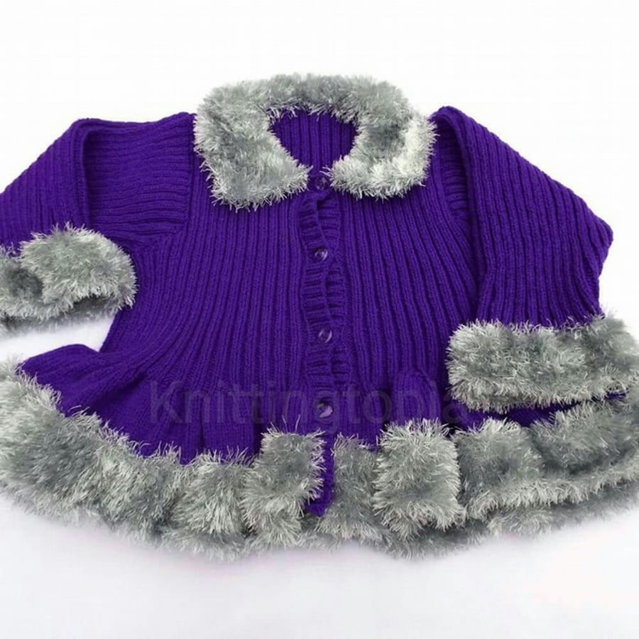 Girls purple cardigan - fluffy silver trim - 30 inch chest - hand knitted girls 