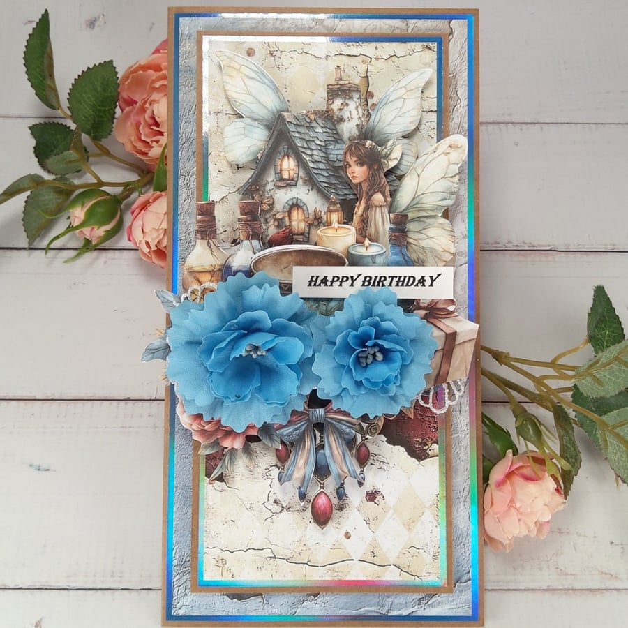 Handmade Fairy Birthday Card (122) Blue Floral Fantasy Card in Mirror Blue.