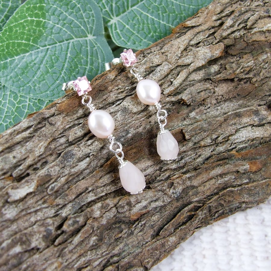 Earrings, Sterling Silver, Rose Quartz, Pink Pearl and Pink Cubic Zirconia Studs