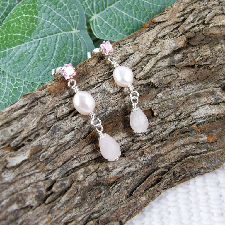 Earrings, Sterling Silver, Rose Quartz, Pink Pearl and Pink Cubic Zirconia Studs