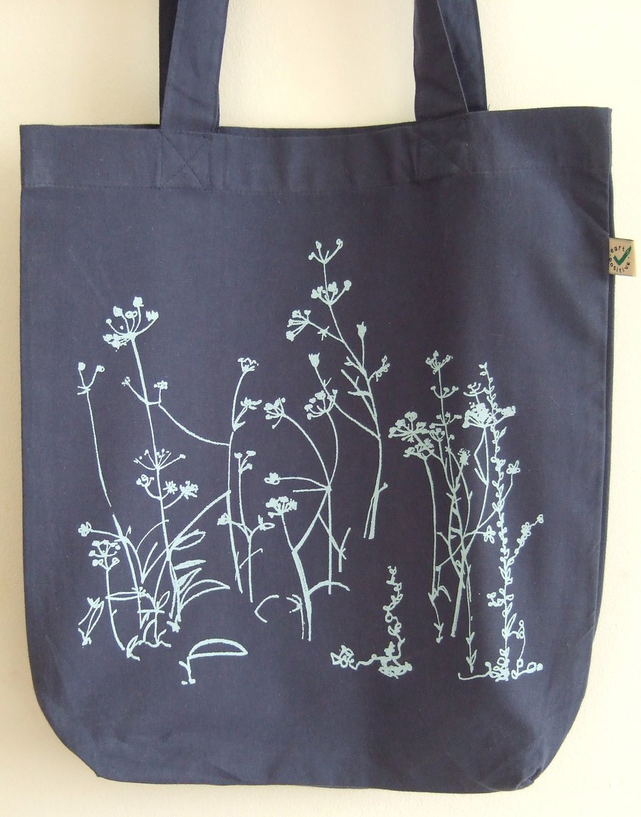 Meadow print organic cotton printed tote bag blue