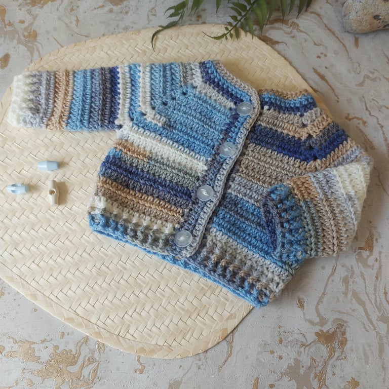Crochet Baby Cardigan Ages Up To 2 Yrs Blue & Toffee