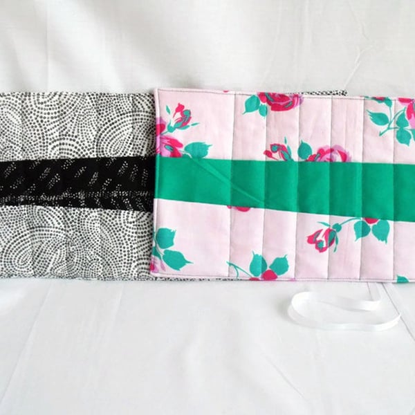 quilted crochet hook storage roll, this listing is for the pink and green one