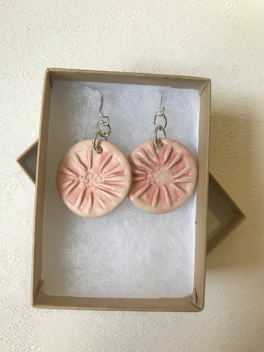 Pink porcelain and silver handmade flower earrings
