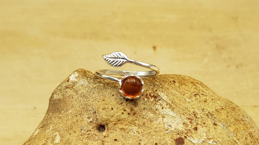 Adjustable Amber leaf Ring. 925 sterling silver rings for women