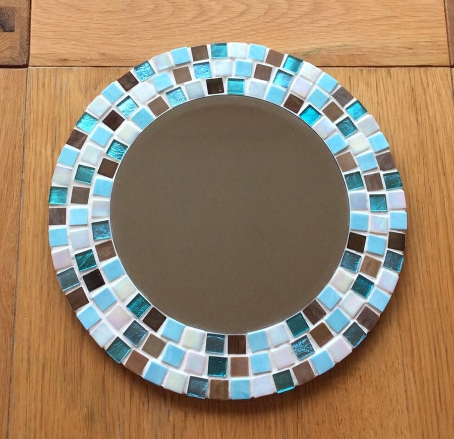 Round Mosaic Wall Mirror in Turquoise, Brown and Cream 30cm Bathroom Mirror