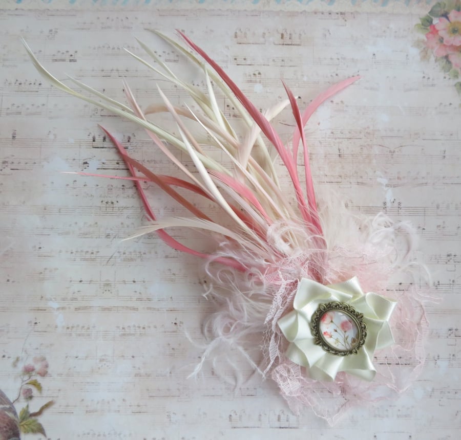 Ivory Dusky Rose Pink Feather and Floral Cameo Regency Victoriana Fascinator