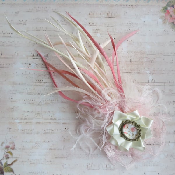 Ivory Dusky Rose Pink Feather and Floral Cameo Regency Victoriana Fascinator