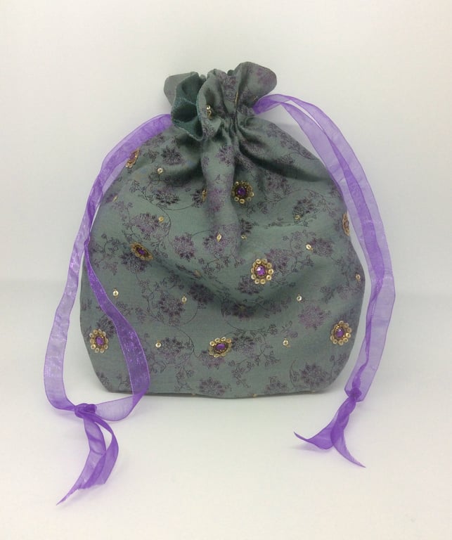 Potli, drawstring bag, sage green, embellished with jewels and sequins
