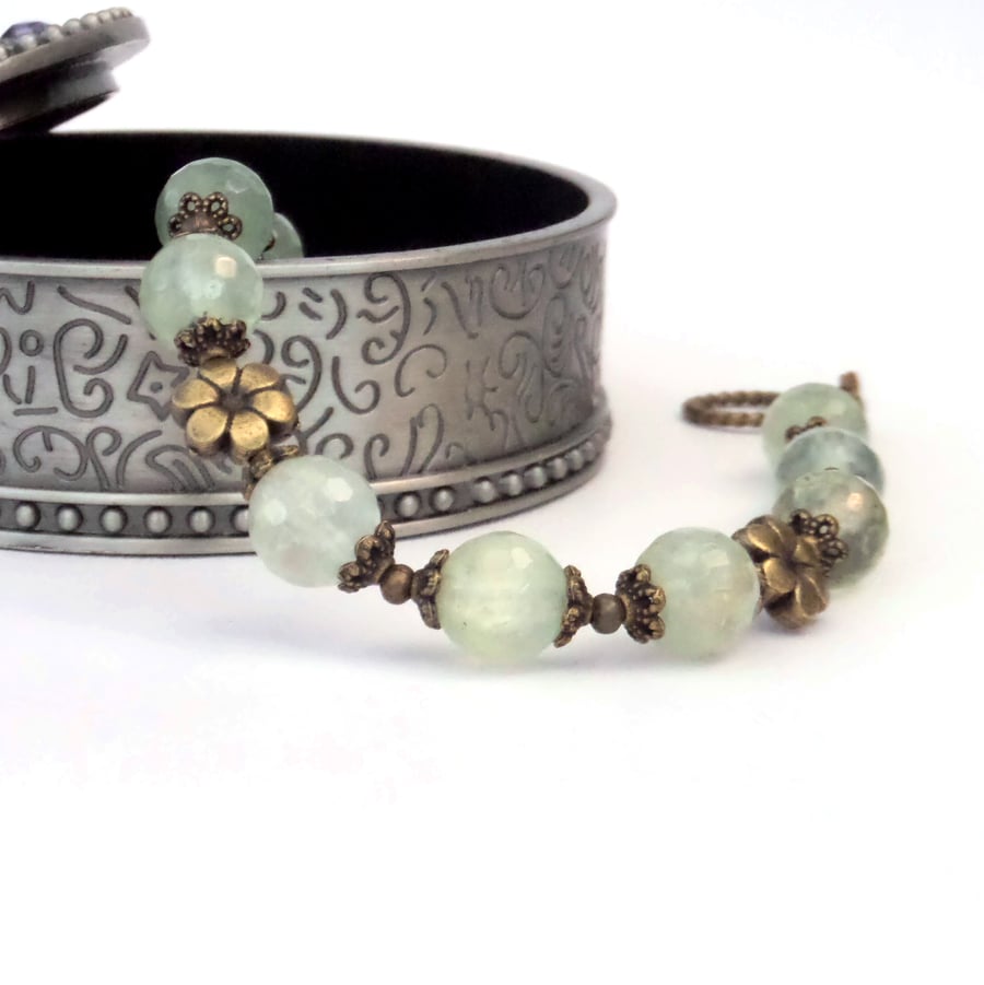 Delicate green prehnite gemstone and bronze handmade bracelet