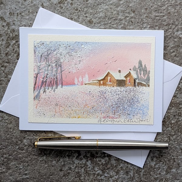 Winter Sunset. Handpainted Best Value Blank Card. 220218
