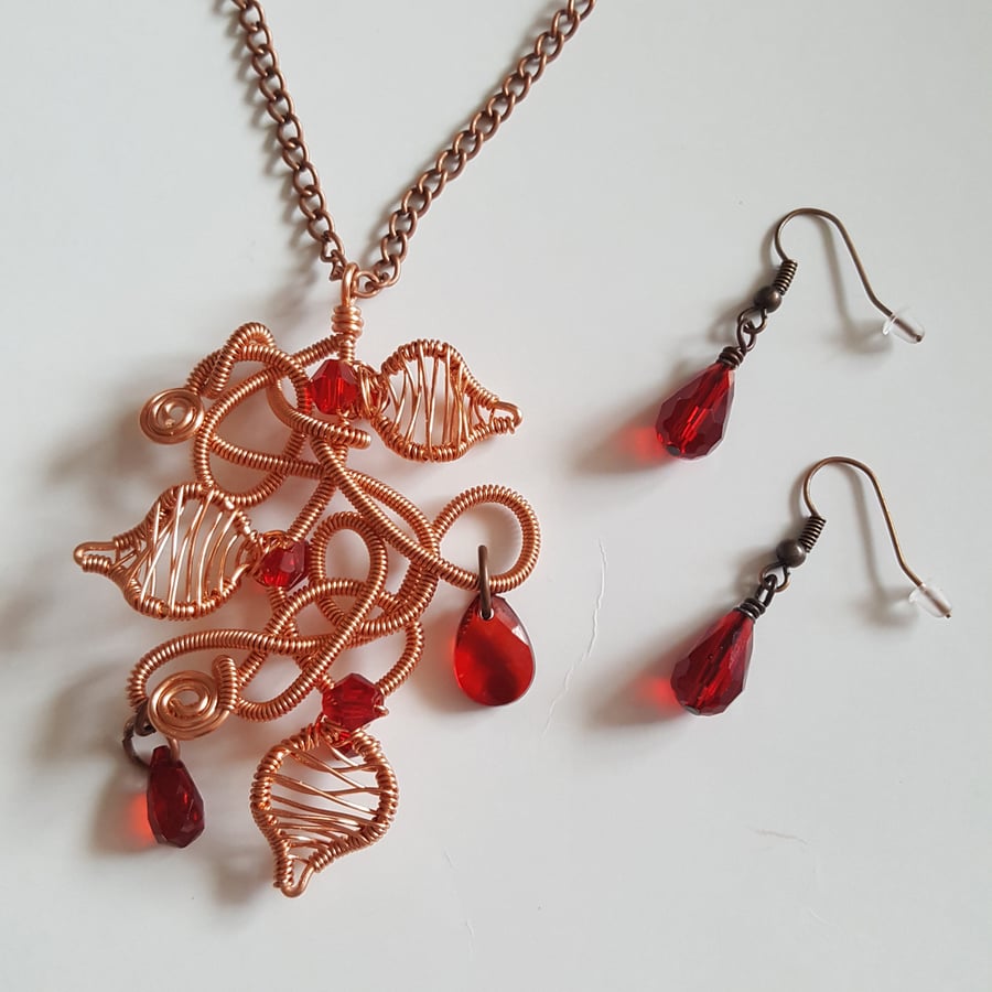 Red Crystal Wirework Necklace and Earrings Set - Copper Vine Design