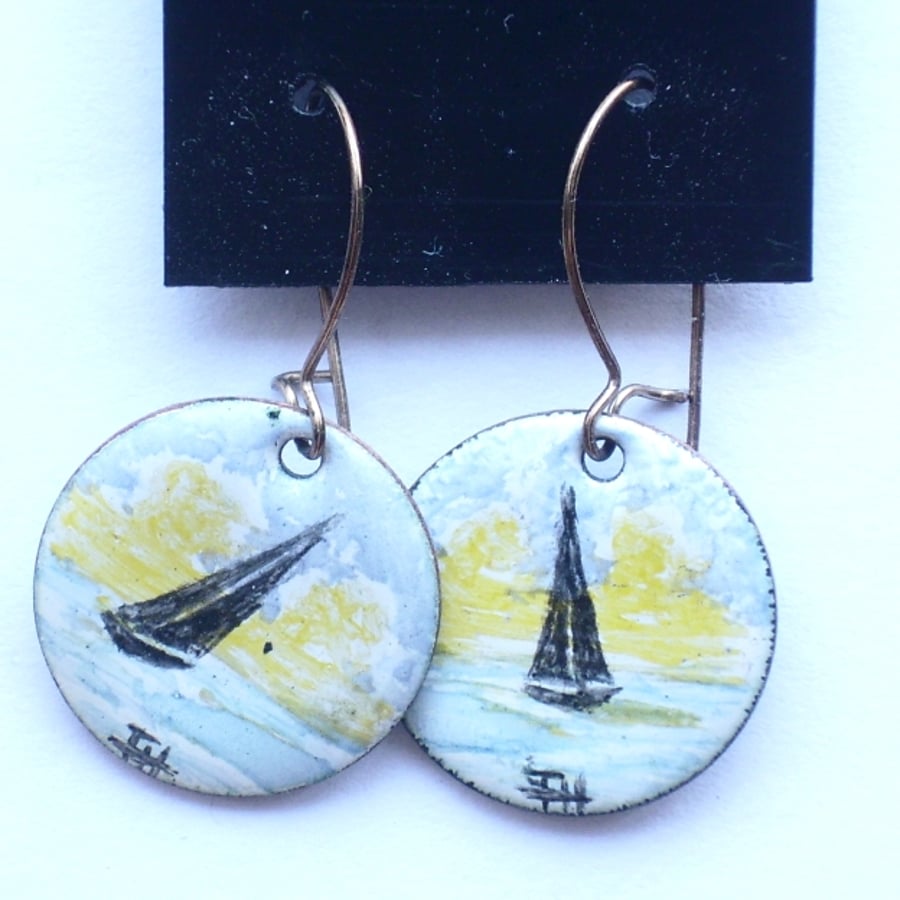 earrings - painted enamel: black boat at sea
