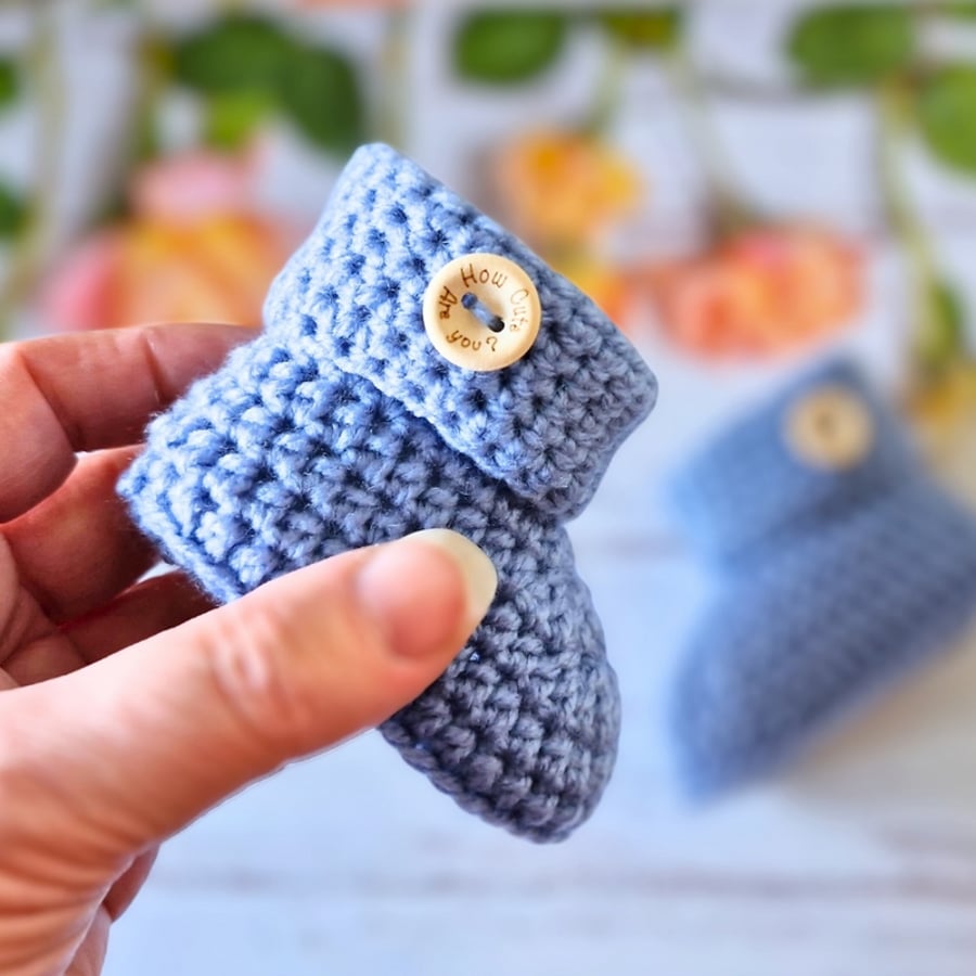 Crochet Baby Booties with 'How Cute Are You?' Button – Handmade Newborn Gift