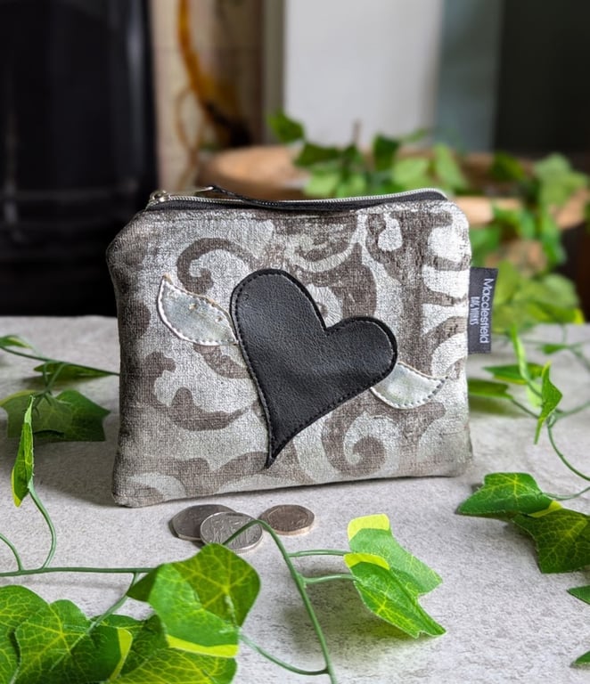 Silver and Grey Chenille Purse with Black and Silver Heart and Wings Motif 