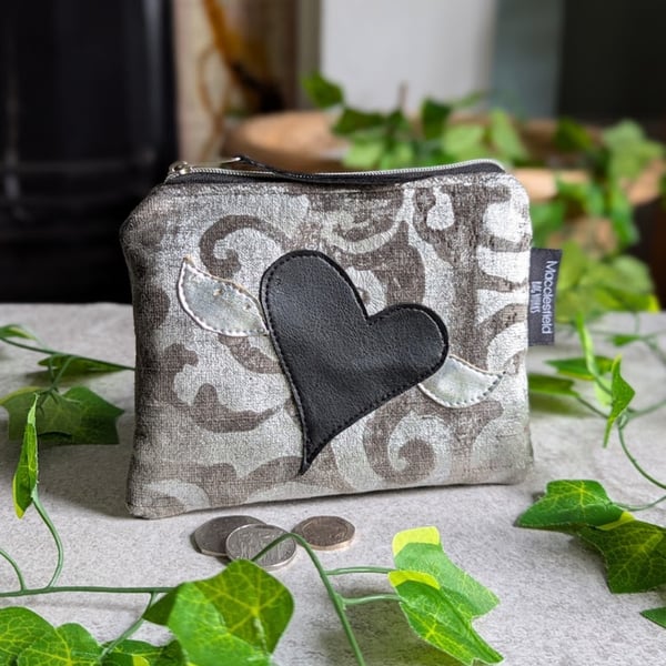 Silver and Grey Chenille Purse with Black and Silver Heart and Wings Motif 