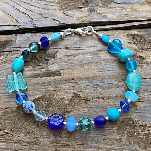 Blue Mix Beads & Sterling Silver Bracelet 