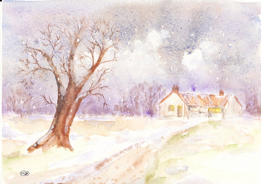 Winter Country Scene original watercolor painting 