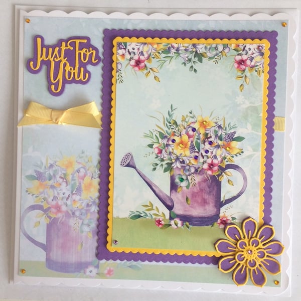 Birthday Thank You Card Just For You Watering Can Flowers Purple Yellow