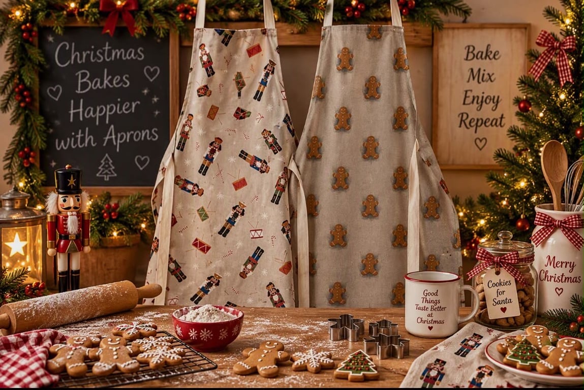 Christmas Apron, Cotton, linen look with Various Seasonal Prints. Fabulous Gift.
