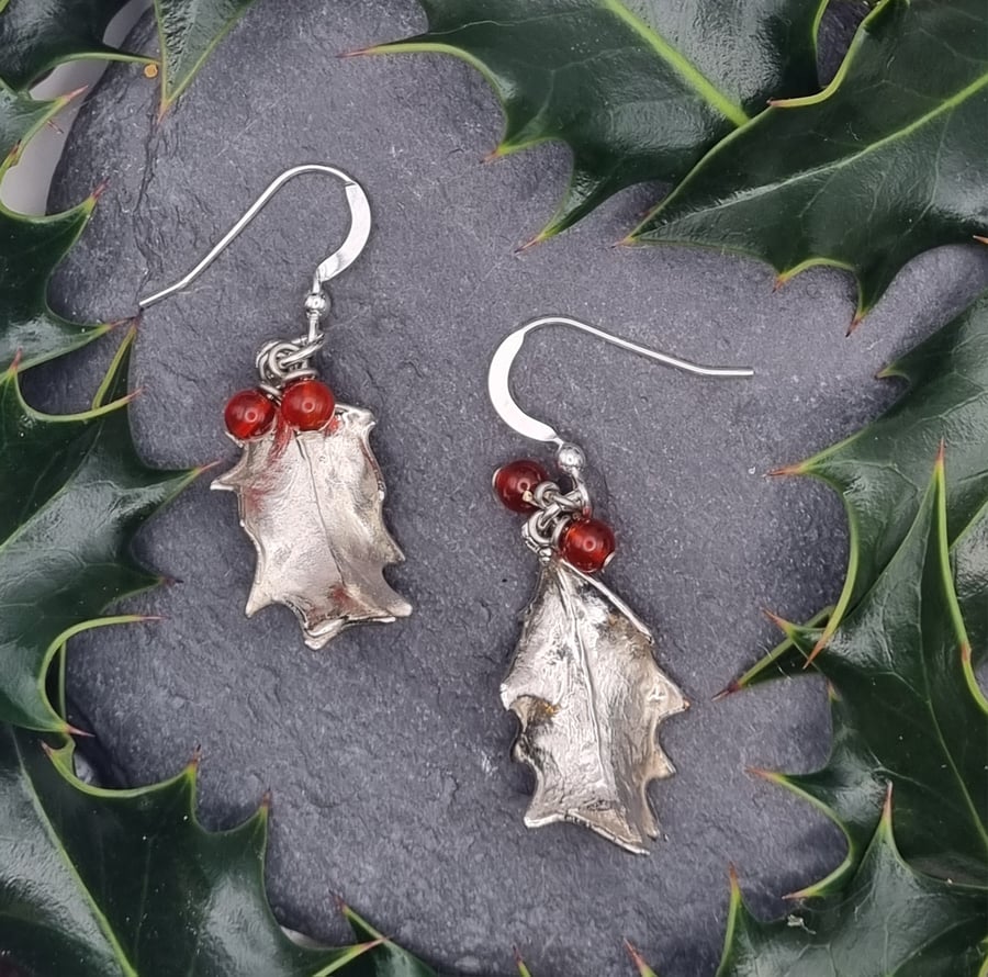 Real Holly leaves preserved in silver dangly earrings
