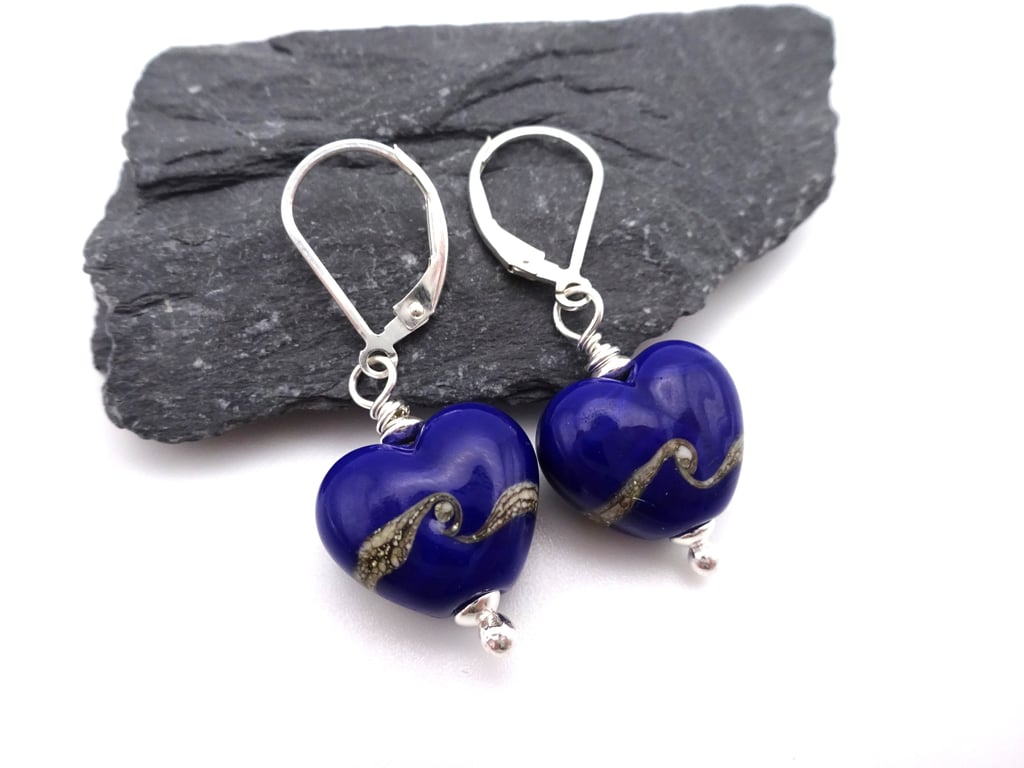 blue lampwork glass heart earrings