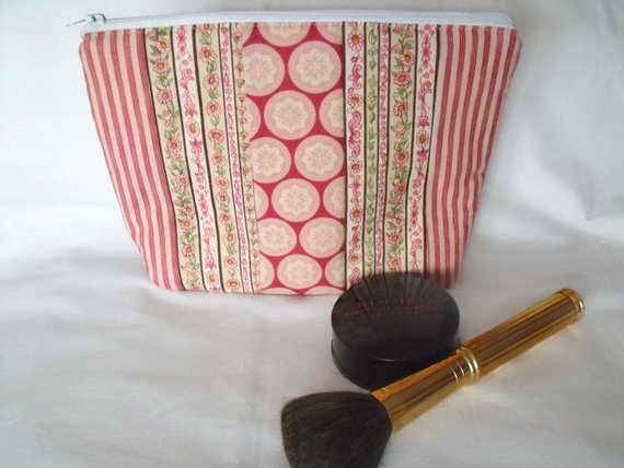 Tilda pink and red zipped make up pouch, pencil case or crochet hook case