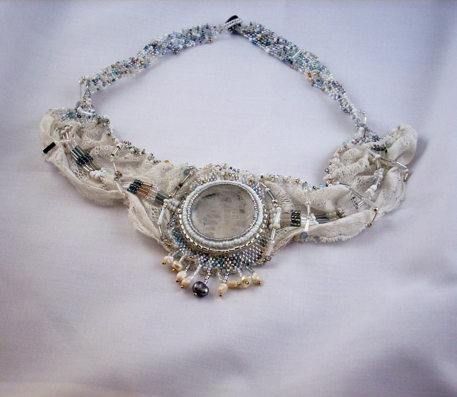 Crystal and White Lace Necklace