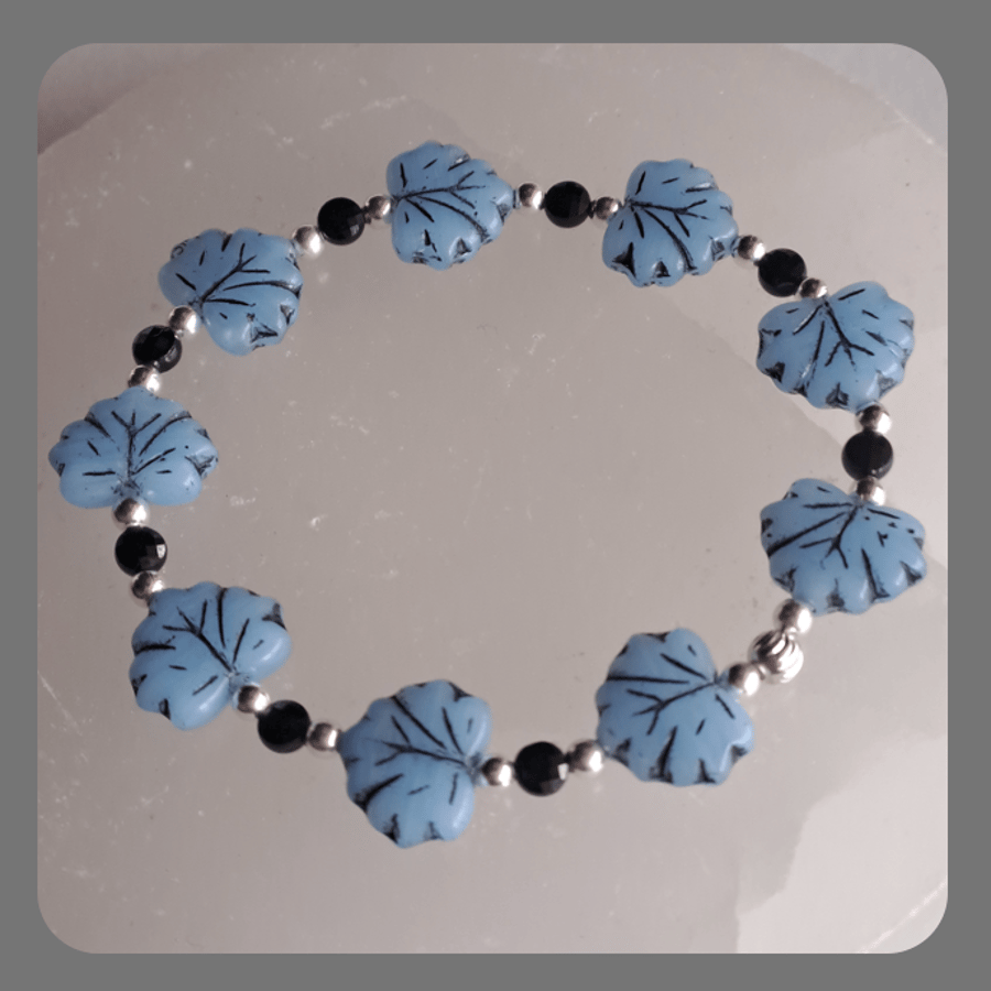  Blue Czech glass, Black Spinel and Sterling Silver Leaf bracelet