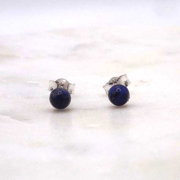 Lapis Lazuli Cabochon 4mm Gemstone Sterling Silver Stud Earrings.